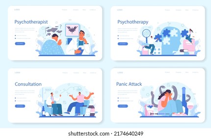 Psychotherapist web banner or landing page set. Mental health diagnostic and treatment. Psychiatrist consulting and testing a patient. Panic attack managing. Flat vector illustration