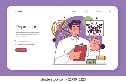 Psychotherapist web banner or landing page. Mental health diagnostic and treatment. Psychiatrist esting a patient. Thoughts and emotions analysis. Flat vector illustration