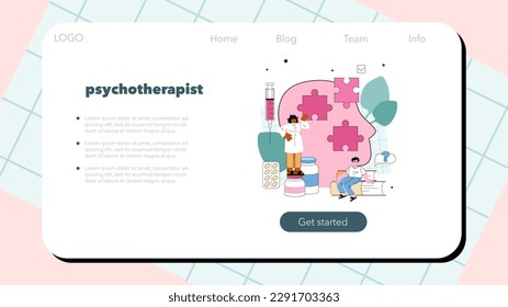 Psychotherapist web banner or landing page. Mental health diagnostic and treatment. Thoughts and emotions analysis, panic attack managing. Flat vector illustration
