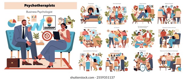 Psychotherapists concept. Diverse therapy practices supporting mental health, personal growth, and patient empowerment. Patient-therapist interactions. Vector illustration.