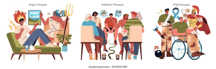 Psychotherapists in various settings addressing anger, addiction, and PTSD. Each therapy type uses unique approaches to support individuals in managing their emotions and experiences. Vector