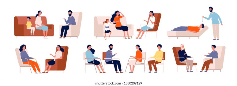 Psychotherapy. Adult counselor family group therapy treatment consulting crowd vector characters collection