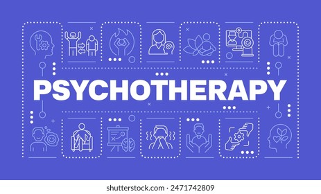 Psychotherapy blue word concept. Mental health. Therapy session. Online counseling. Horizontal vector image. Headline text surrounded by editable outline icons