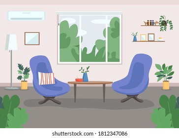 Psychotherapy cabinet flat color vector illustration. Workplace design. Living-room. Work-bench. Therapy, consulting room 2D cartoon interior with armchairs and big windows on background