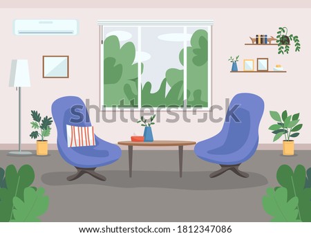Psychotherapy cabinet flat color vector illustration. Workplace design. Living-room. Work-bench. Therapy, consulting room 2D cartoon interior with armchairs and big windows on background