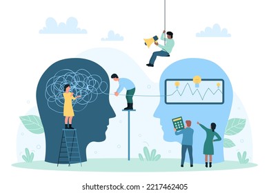 Psychotherapy, change of mind process while working with mentor vector illustration. Cartoon tiny people work with chaos in abstract human head, solve complex life problem. Therapy, psychology concept