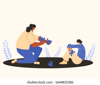 Psychotherapy Communication. Character With Autism Sitting On The Floor And Adult Person With Puzzles Piexes. Autistic Spectrum. Boy Sitting On The Floor With Bad Mood. Vector Flat Illustration.