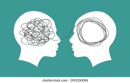 Psychotherapy concept. Abstract metaphor of problem solving or difficult situation. Tangle tangled and unraveled in people head. Simplification streamlining process. Vector illustration isolated.