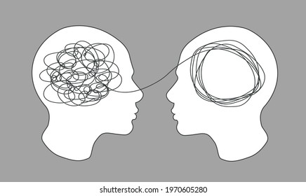  Psychotherapy concept. Abstract metaphor of problem solving or difficult situation. Tangle tangled and unraveled in people head. Simplification streamlining process. Vector illustration isolated.