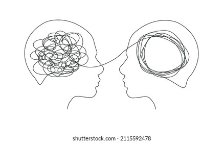 Psychotherapy concept. Abstract metaphor of problem solving or difficult situation. Tangle tangled and unraveled in people head. Simplification streamlining process. Vector illustration isolated