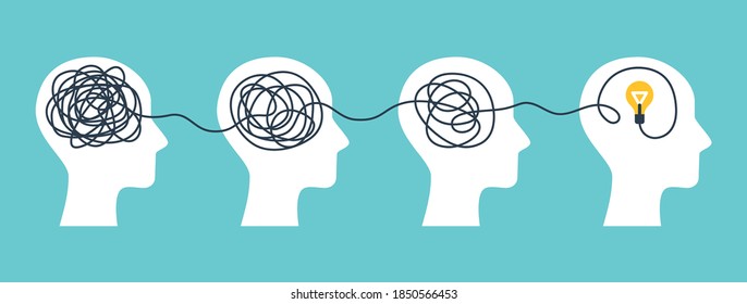 Psychotherapy Concept, brainstorming and mental problem solving. Vector illustration. Brains with tangled knot and order in one man's head. Simplifying the complex path. Light bulb idea and scribbles.