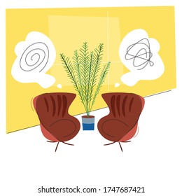 Psychotherapy concept. Cabinet therapist with two armchair. Flat vector illustration, doodle style. Banner for psychologist blog or social media post.