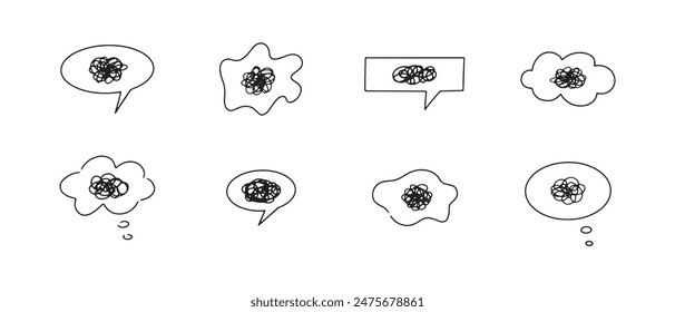 Psychotherapy concept. Hand drawn different shapes with chaos or untangle mind. Mental health concept. Abstract doodle collection. 