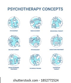 Iconos de concepto de psicoterapia. Ilustraciones de color RGB de línea delgada para el tratamiento de la salud mental. Combate militar. Psicólogo. Tratamiento de adicciones. Dibujos de contorno aislados por vectores. Trazo editable