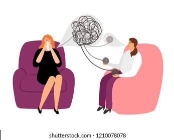 Psychotherapy concept illustration with female patient and doctor, vector illustration