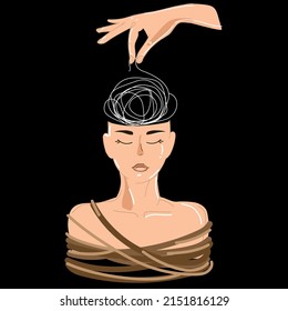 Psychotherapy concept illustration with hand untangling dirty knot in human head, vector illustration.psychiatrist consulting patient. mental disorder treatment.