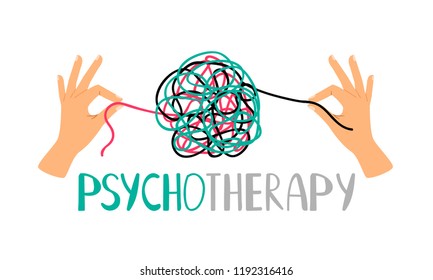 Psychotherapy concept illustration with hands untangling messy snarl knot, vector illustration