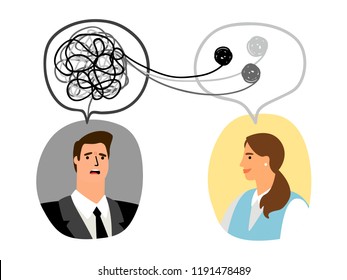 Psychotherapy concept illustration with man and lady psychologist avatar, vector illustration