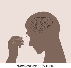 Psychotherapy concept. The man unravels his disturbing tangled thoughts. Metaphor for the help of a psychologist. Illustration of depression, fatigue, chronic headache. Flat vector design.