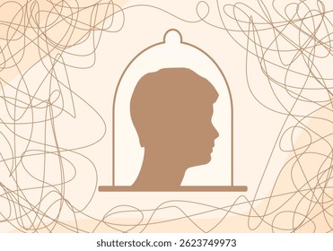 Conceito de psicoterapia. Metáfora da resolução de problemas, caos e confusão, situação difícil. Ajuda psicológica e saúde mental. Cabeça humana e emaranhado de problemas