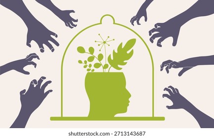 Concepto de psicoterapia. Metáfora de la resolución de problemas, desorden, situación difícil. Ayuda psicológica y salud mental. Cabeza humana con plantas como emociones positivas y manos extendiéndose a una cabeza.