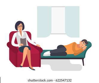 Psychotherapy concept. Patient, man with a psychologist. Colorful flat illustration.