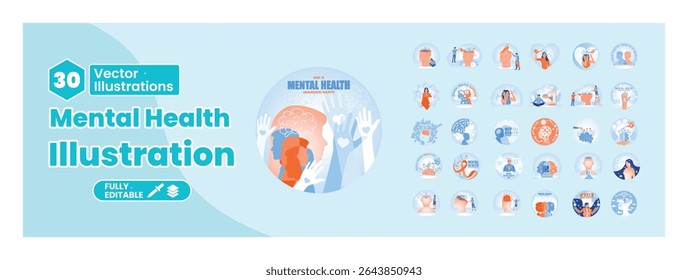 Psychotherapy concept. People struggle with stress, depression, emotional exhaustion and other psychological problems. Mega set.