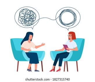 Psychotherapy concept. Psychologist and patient with tangled and untangled mind metaphor, doctor solving psychological problems, couch consultation, mental health treatment flat vector illustration