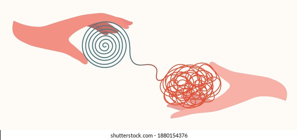 Psychotherapy concept. Psychologist psychiatrist doctor who helps and patient care with mental disorders. Health care. Patient hand with tangle and patient hand distressing a tangle