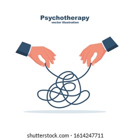 Psychotherapy concept. The therapist's hands unravel the strings of a confused patient. Depressive state. Confused thread. Vector illustration flat design. Isolated on white background.