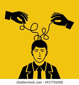 Psychotherapy concept. The therapist's hands unravel the strings of sad businessman. Depressive state. Confused thread. Vector illustration flat design. Isolated black icon on background.