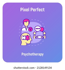 Concepto de psicoterapia con íconos de línea delgada, psicoanálisis con problemas mentales profesionales, de apoyo y solución, conectar el rompecabezas en la cabeza. Ilustración vectorial.