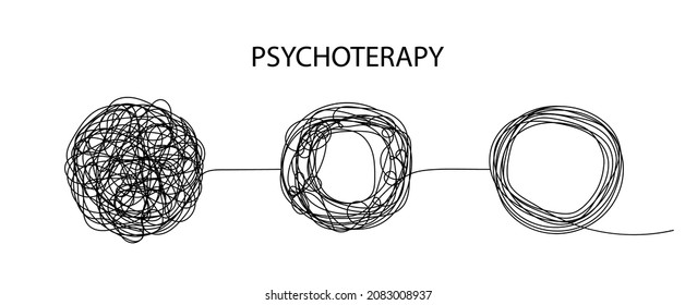 Psychotherapy concept. Untangle mind. Logo of chaos, tangle and change with help of coach. Transformation of brain. Evolution of mind after psychologist. Abstract doodle symbol. Vector.