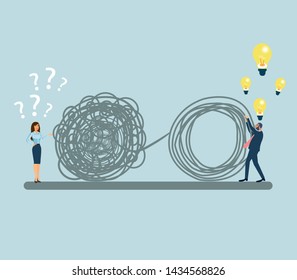 Psychotherapy concept. Vector of a confused woman with many questions and a man solving her problems offering solution ideas 