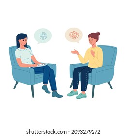 Psychotherapy concept. Woman sitting in armchair and talking with psychologist. Tangled and untangled mind metaphor, doctor solving problems, couch consultation, mental health treatment flat vector