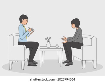Psychotherapy concept. A woman visiting a psychotherapist. A sad and frustrated girl talks about her problems to a psychotherapist. Vector illustration.