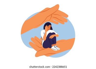 Concepto de psicoterapia. Un personaje joven sentado en una palma de mano, psicoterapia, ayuda y apoyo, una sesión de asesoramiento. Ilustración vectorial.