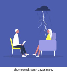 Psychotherapy consulting, a conversation between a doctor and a patient, mental health problems and medical support