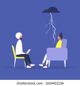 Psychotherapy consulting, a conversation between a doctor and a patient, mental health problems and medical support