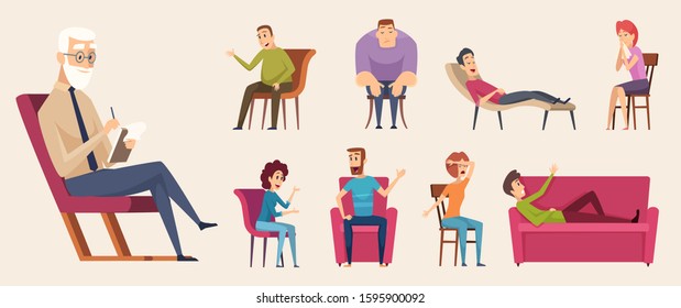 Psychotherapy consulting. People dialogue crowd conversation with psychology consultant family therapy vector