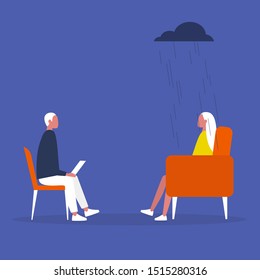 Psychotherapy. A conversation between a doctor and a patient. Clinic. Consulting. Mental health. Support. Depression. Concept. Flat editable vector illustration, clip art