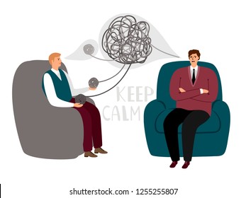 Psychotherapy counsel concept, psychotherapist doctor and male patient talking, vector illustration