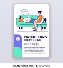 Psychotherapy counseling brochure template. Psychology cover design. Mental health magazine poster. Print design with linear illustrations cartoon character on a white background.