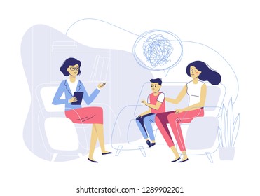 Psychotherapy Counseling For Child Concept. Young Psychologist Woman And Mother With Boy Patient In Therapy Session. Treatment Of Kid Stress, Addictions And Mental Problems. Family Psychology.