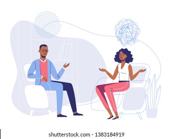 Psychotherapy counseling concept with black people. Psychologist african american man and young woman patient in therapy session. Treatment of stress, addictions and mental problems.