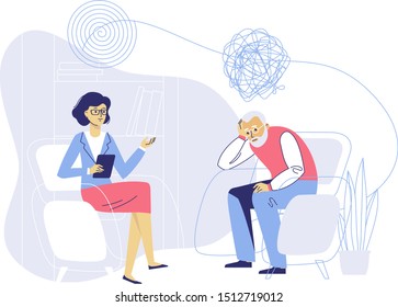 Psychotherapy counseling concept with psychiatrist doctor and old patient. Psychologist woman and senior man patient in therapy session. Treatment of dementia, alzheimer's disease and mental problems.