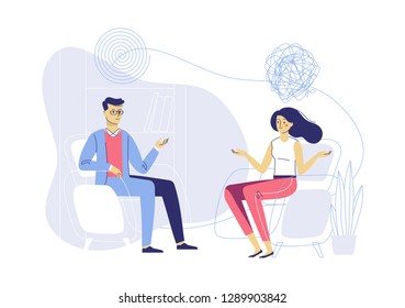 Psychotherapy counseling concept. Psychologist man and young woman patient in therapy session. Treatment of stress, addictions and mental problems.
