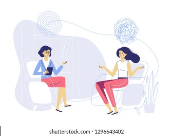 Psychotherapy counseling concept. Psychologist woman and young girl patient in therapy session. Treatment of stress, addictions and mental problems.