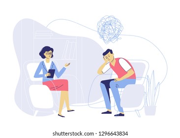 Psychotherapy counseling concept. Psychologist woman and young man patient in therapy session. Treatment of stress, addictions and mental problems.