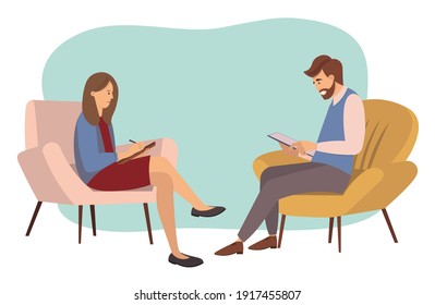 Psychotherapy counseling concept. Psychologist woman and young man patient in therapy session. Treatment of stress, addictions and mental problems. People sit in chairs and write in notebooks